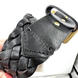 Fossil black woven leather retro vintage belt M gold tone buckle